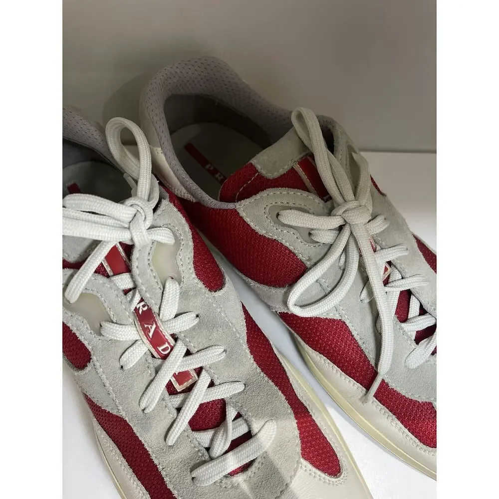 Prada Men's White and Red Leather Sneakers, Size 42